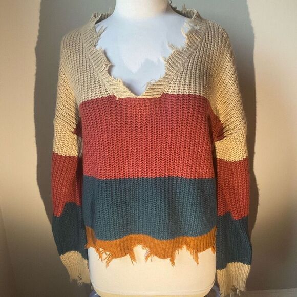 Derek Heart Colorblock Distressed Cropped  VNeck Sweater, L - Picture 8 of 16